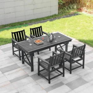 SeeHill Obsidian HDPE 5-Piece Dining Set, Outdoor Patio Table and Chairs, All-Weather HDPE Furniture with Umbrella Hole for Back