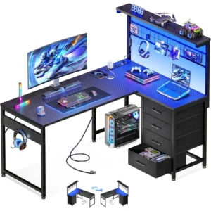 Gaming Desk with Shelf & Drawers, Reversible Computer Desk with LED Light, Home Office Table with Hutch and Hook,Customized