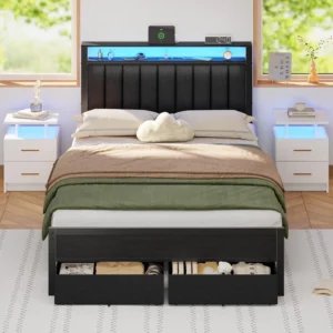 Full Size Metal Platform Bed with Charging Station, LED Lights, Grey Upholstered Headboard & Shelves, 2 Under-Bed Storage Drawer