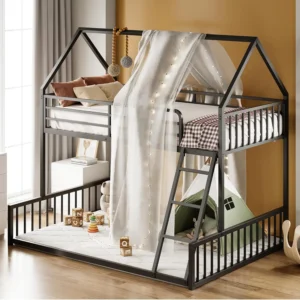 LIKIMIO Bunk Bed Twin Over Full Size,House Shaped with Metal Slats Support No Box Spring Needed Space Saving for Bedroom & Dorm