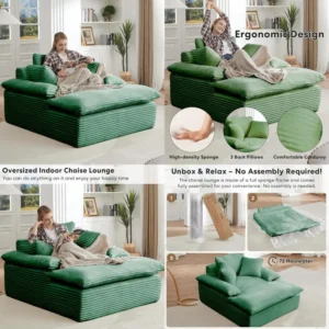 Modern Corduroy Upholstered Oversized Chaise Lounge Chair - Indoor Sofa with Pillows, Comfortable Sleeper and Reading Chair, No