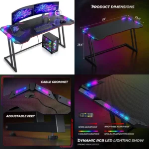 LED-Illuminated 55 Z-Shaped Carbon Fiber Gaming Desk for Home Computer Gaming with Ergonomic Design