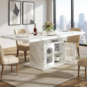 Modern 63 Dining Table for 4-6 with Storage Shelves & Acrylic Door Cabinet, White Marble-Look Rectangular Table for Home