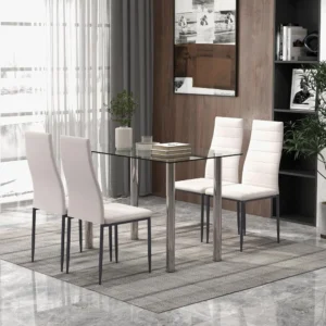 5 PCS Dining Table Set, Modern Tempered Glass Top and PVC Leather Chair w/4 Chairs, Dining Room Kitchen Furniture