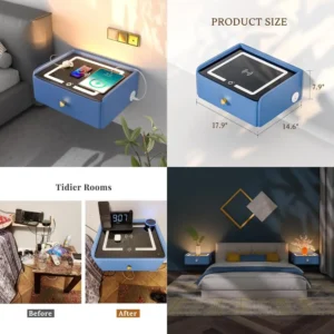 LED Smart Wall Mounted Bedside Table with Charging Station - Floating Nightstand for Modern Bedroom Blue