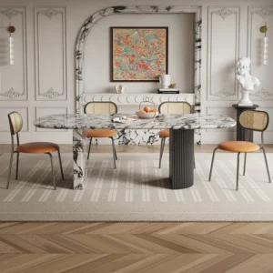 Luxury French Rectangle Marble Table, Cream Aesthetic Designer Villa Furniture, Trendy Natural Stone Dining Table