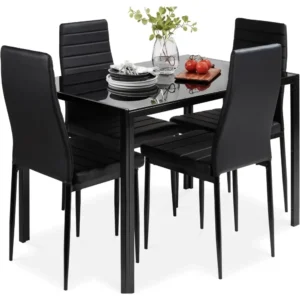 5-Piece Glass Dining Set, Kitchen Table Furniture for Dining Room, Dinette, Compact Space-Saving w/Glass Tabletop
