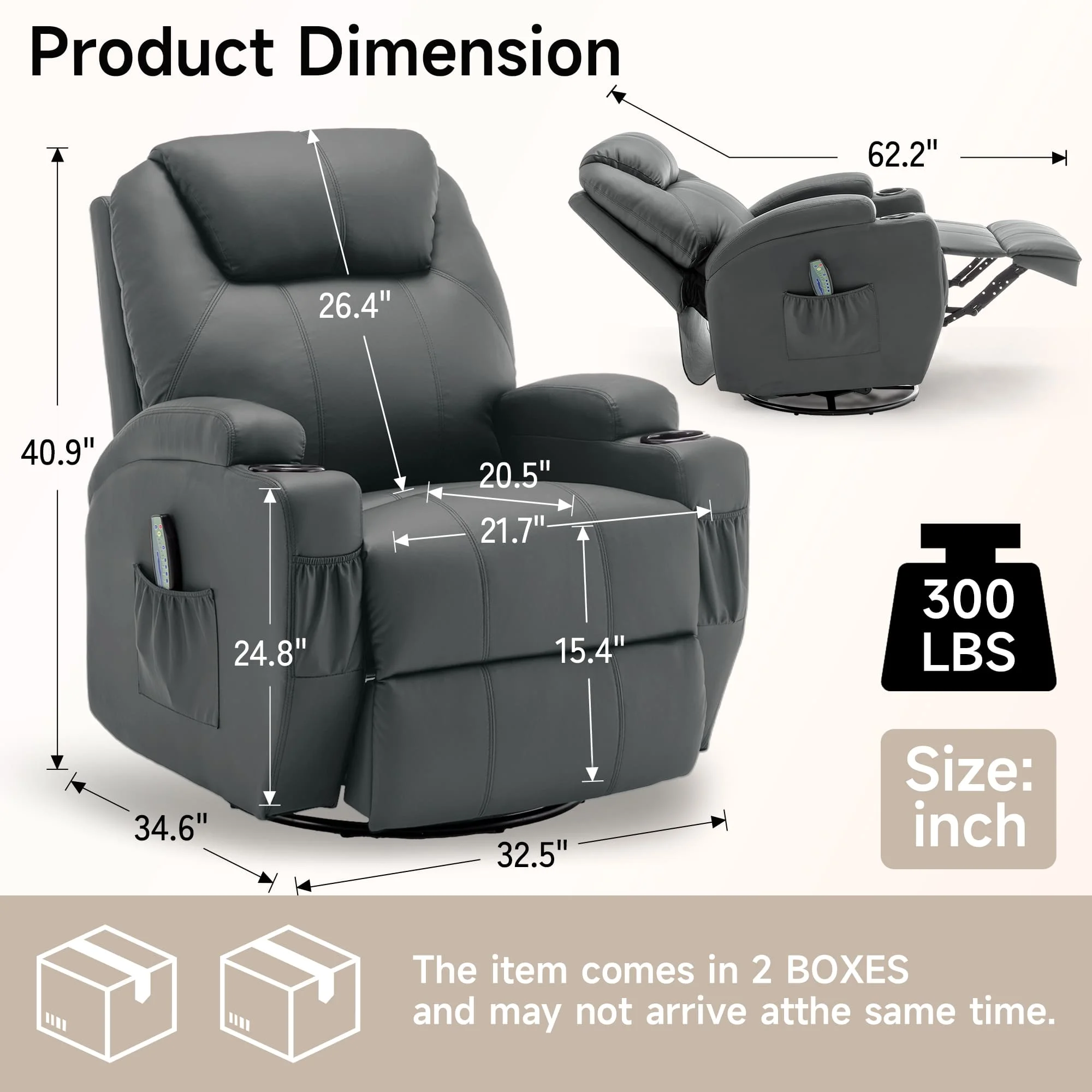 Recliner Chair with Massage and Heat, 360° Swivel Rocking Chairs for Adults, Remote Control and Cup Holder for Living Room - Image 2