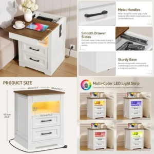 rustic 3-drawer nightstand with gun storage, bedside charging station & led lighting