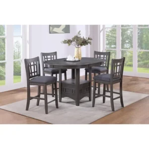 Contemporary 5pc Counter Height Dining Set, Round Table with Leaf & 4 Side Chairs, Gray Finish, Solid Wood