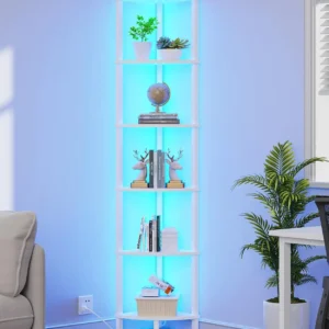 Corners Shelf with LED Light, 6-Tier Corner Bookshelf, Industrial Corner-Ladder Shelf, Modern Display Shelf for Living Room