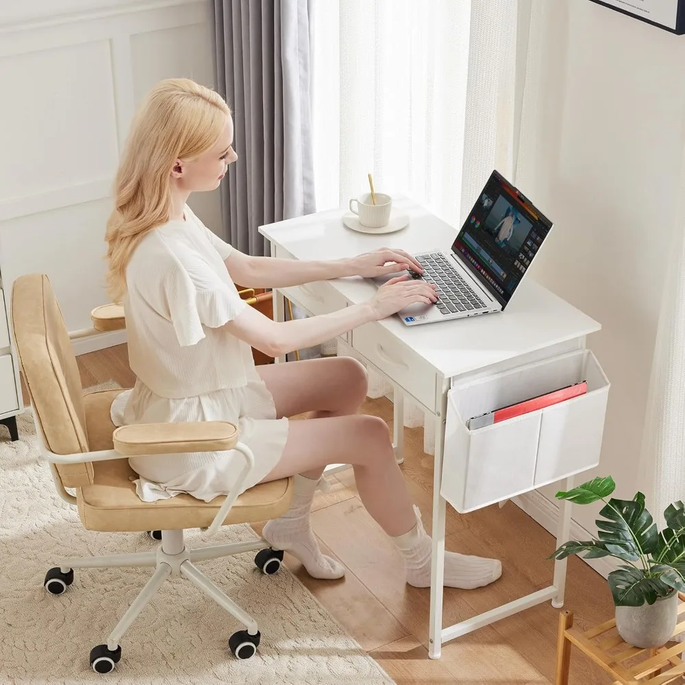 32" Home Office Desk with Drawers, Storage Bag & Adjustable Feet - White Gaming Study Table - Image 2