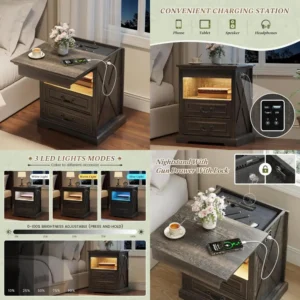 rustic bedside table with hidden gun compartment, farmhouse-style nightstand featuring usb charging port, led-illuminated nights