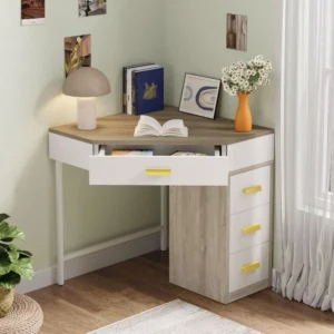 27.26 in. Oak and White Wood Triangle Computer Desk, Corner Computer Desk with 4-Drawer for Small Space
