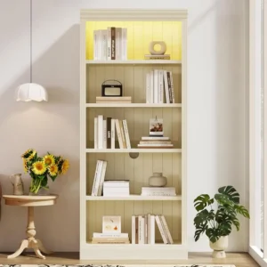 5-Tier Wooden Bookcase with Adjustable Shelves, Lightstrip, and Storage for Living Room, Beige