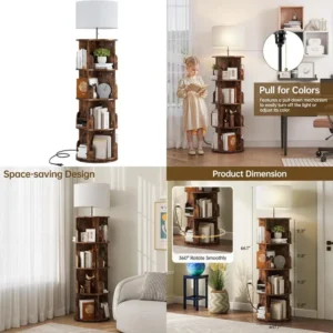 Vertical 4-Tier Revolving Bookshelf with Light, Floor Standing 360° Rotating Bookcase Organizer for Small Spaces