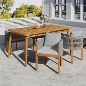 Outdoor Dining Set, Acacia Wood Table & 4 Chairs, Washable Waterproof Cushions, Slatted Top for Patio Garden, Gray Finish