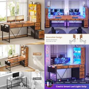 Reversible 5-Drawer Computer Desk with Bookshelf and Storage, Home Office Desk for Gaming and Organization