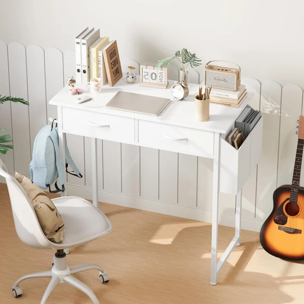 32" Home Office Desk with Drawers, Storage Bag & Adjustable Feet - White Gaming Study Table - Image 5