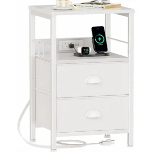 Charging Station Nightstand with Fabric Drawers, USB Ports and Outlets Side Tables