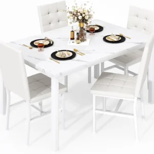 Dining Table Set for 4, Faux Marble Kitchen Table with 4 Leather Chairs, Modern White Dinette Set for Small Spaces