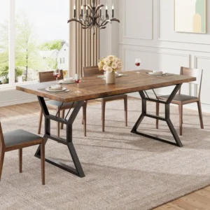 Frame Dining Table with Waist Detail for 6-8 People, Wooden Rectangular Dinner Table with Heavy-Duty Metal Legs for Dining Room