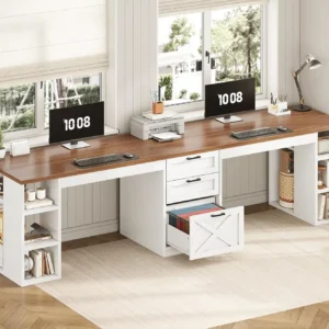 Farmhouse 96.5" Computer Desk with Drawers, 2 Person Home Office Desk, Gaming Double Desk with Storage Shelves,, Customized