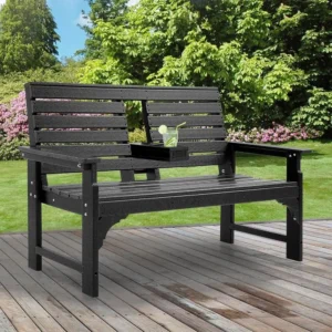 Outdoor Bench Weatherproof - HDPE 2-Person Garden Bench with Cup Holders, Bench Furniture with Backrest and Armrests, 700 lbs Ca