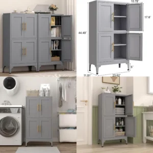 stainless steel storage cabinets with doors and shelves for kitchen, entryway, living room, and hallway