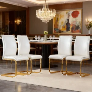 Modern Dining Chairs (Set of 4) | Leather Upholstered Seats | 39''H Heavyduty Build, Gold Plated Frame (Home Dining Room)
