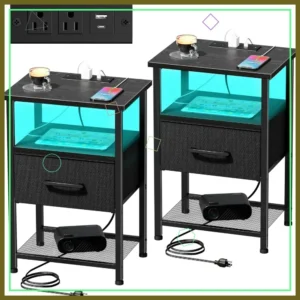 2-Piece Nightstand Set with Charging Station, LED Lights, Drawer & Shelves for Bedroom Living Room (Black)