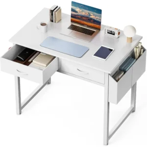 32" Home Office Desk with Drawers, Storage Bag & Adjustable Feet - White Gaming Study Table