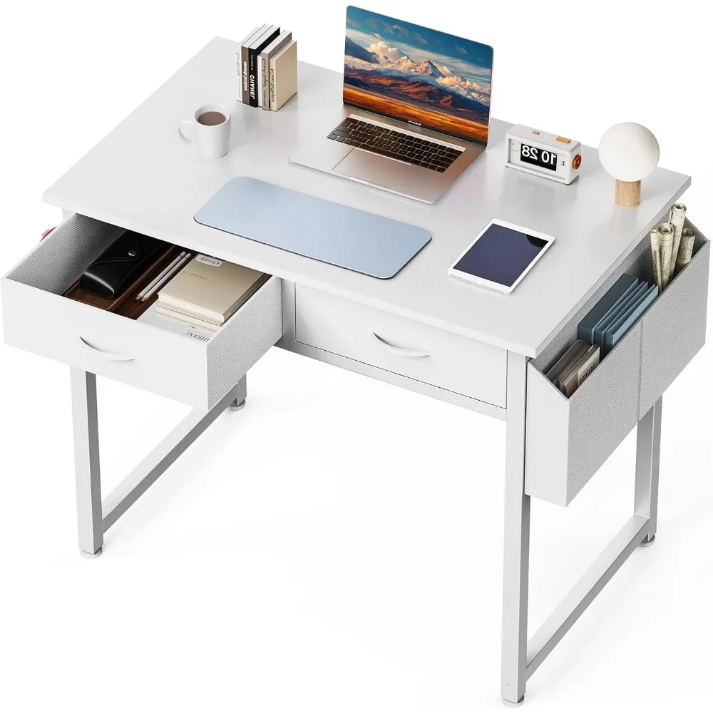 32" Home Office Desk with Drawers, Storage Bag & Adjustable Feet - White Gaming Study Table