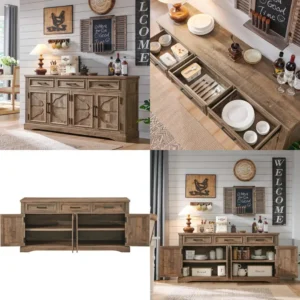 large 66" buffet sideboard with 4 doors and 3 drawers - storage cabinet for dining, coffee, and wine bars