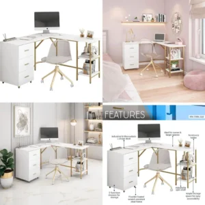 L-Shaped Two-Toned Desk with Drawers and Storage Shelves for Modern Home Office Space