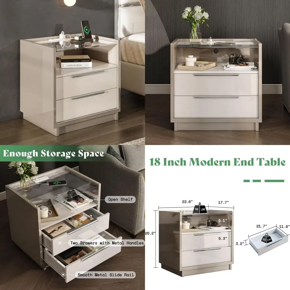 AMERLIFE 23.6 High Gloss End Table with Glass Tabletop, Modern Bedside Table with Charging Station, 2 Drawers Nightstand for Bed