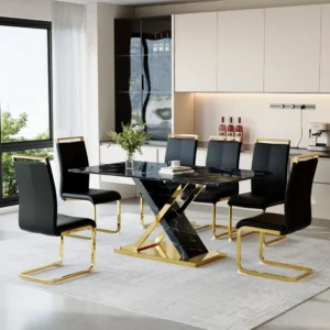 Marble Dining Table Set for 6,Black Gold 63 Dining Room Table with Plated X-Shaped Frame and Black Leather Dining Chairs