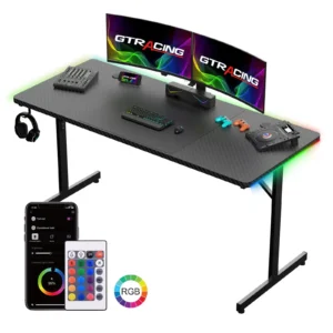 55" Large RGB Gaming Desk with Mouse Pad T-Shaped Office Chair Computer Desk Spacious Work Surface Table, Black