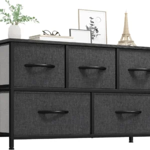 Dresser with 5 Drawers - Fabric Storage Tower, Black Dresser & Chest of Drawers, Organizer Unit for Bedroom