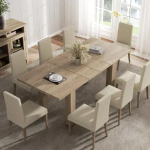 Extendable Oak Dining Table 55''-78'', for 6-10 People, Rustic, Small Kitchen & Office Use