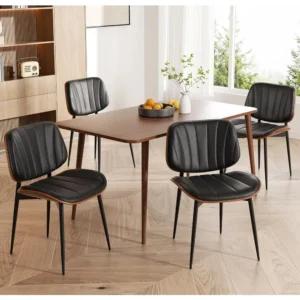 Dining Chairs Set of 4, Mid Century Modern Dining Room Chair, Upholstered Faux Leather Kitchen Chairs with Walnut Bentwood