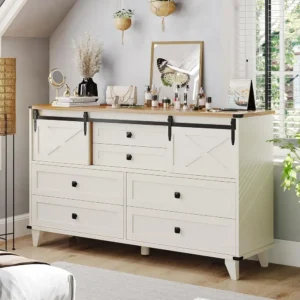 Retro 6-Drawer Farmhouse Dresser with Sliding Barn Door, White Bedroom Storage Organizer