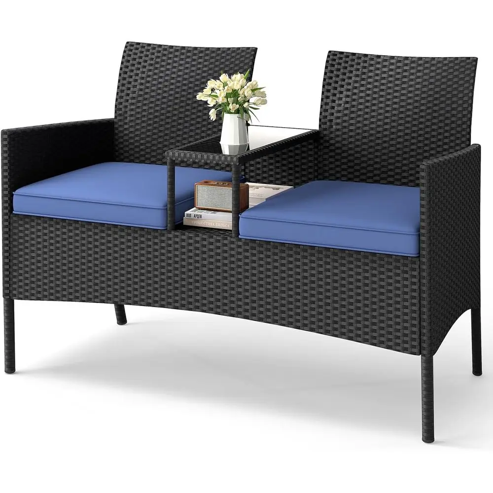 Loveseat with Built-in Table, Wicker 2-Seat Furniture with Soft Cushions & Tempered Glass Tabletop, Metal Frame Outdoor Conversa