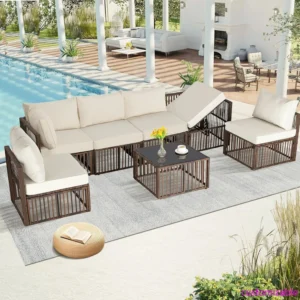 7 Pieces Outdoor Patio Furniture Set, Wicker Outdoor Sectional Conversation Couch Set with Adjustable Backrest Sofa