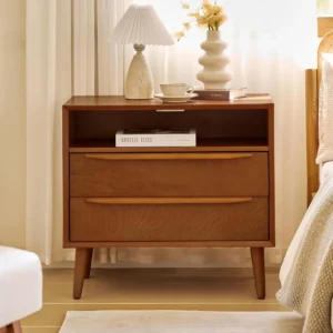 hulala home nightstand with charging station, mid-century modern 2 drawer and open shelf dresser for bedroom, fluted bedside tab