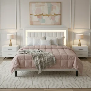 HOOMIC Full/Queen/King Velvet Platform Bed Frame with RGB LED Headboard, Strong Slat Support, Quiet Design, No Box Spring Needed