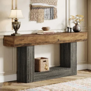 Tribesigns 63" Console Table, Farmhouse 2-Tier Entryway Table with U-Shaped Base, Narrow Long Wood Sofa Table Behind Couch Table