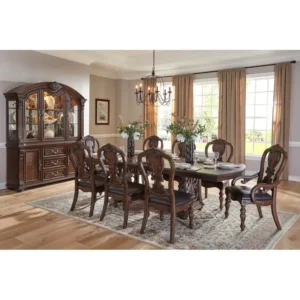 Luxurious 9-Piece Formal Dining Set, Dark Oak Finish, Table w/ Extension Leaf, 2 Armchairs & 6 Side Chairs, Elegant Wooden