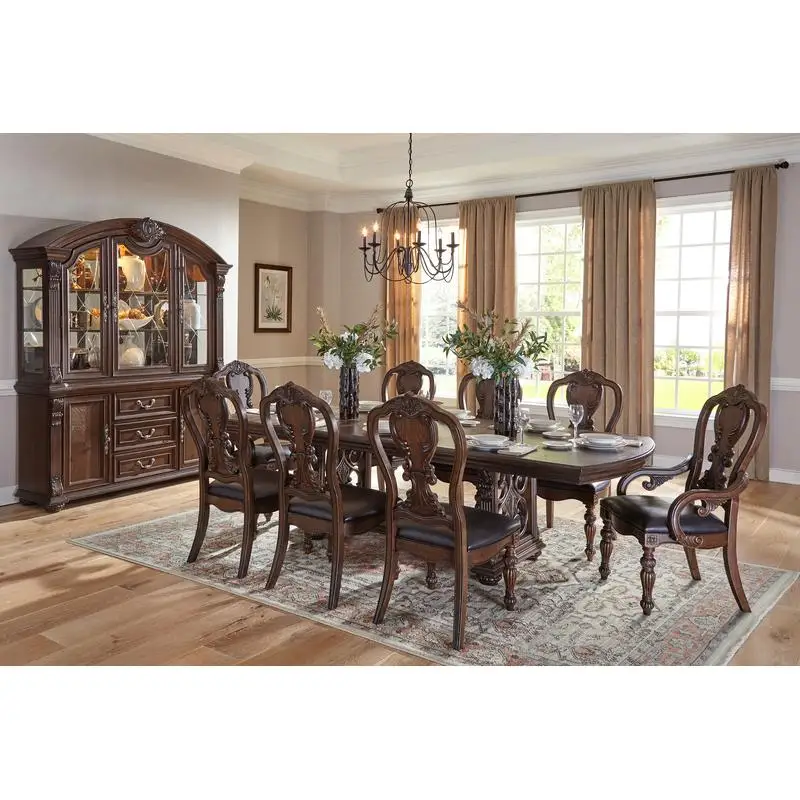 Luxurious 9-Piece Formal Dining Set, Dark Oak Finish, Table w/ Extension Leaf, 2 Armchairs & 6 Side Chairs, Elegant Wooden