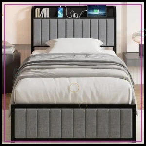 Twin Size Bed Frame with Upholstered Headboard, Sturdy Steel Slats, Easy Assembly in Grey & Black